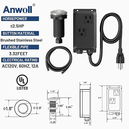 Garbage Disposal Air Switch Kit -Professional- Dual Outlet, Sink Top Waste Disposer On/Off, Garbage Disposal Button, UL Listed