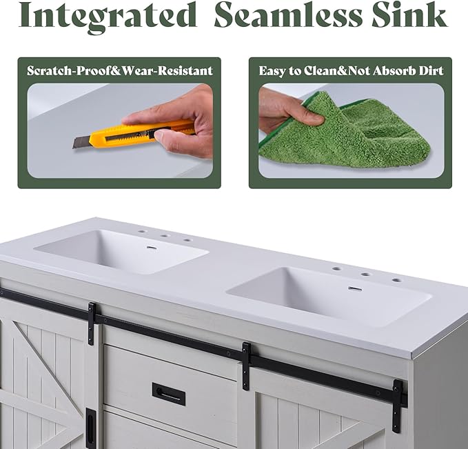 60" Farmhouse Sliding Barn Door Double Vanity with Sink Combo, Freestanding Bathroom Vanity Cabinet with Drawers & Metal Handles, Distressed White