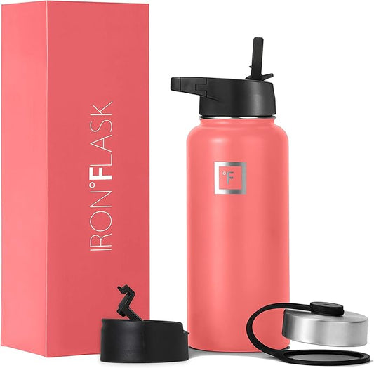 Iron Flask Sports Water Bottle - 32 Oz, 3 Lids (Straw Lid), Vacuum Insulated Stainless Steel, Hot Cold, Modern Double Walled, Simple Thermo Mug, Hydro Metal Canteen (Peach)