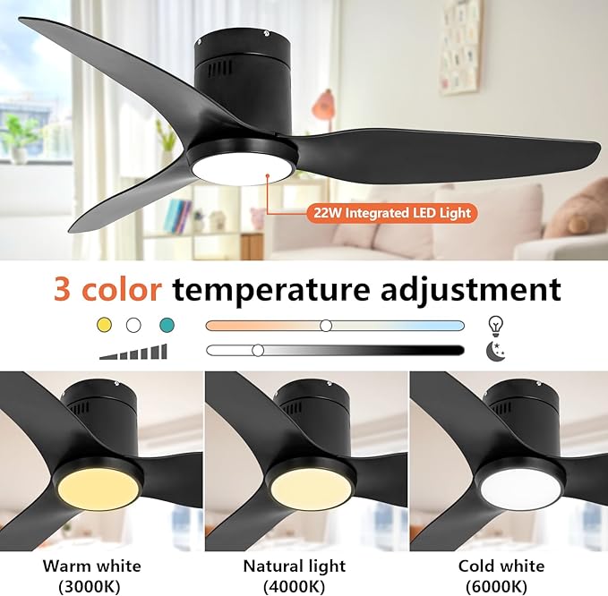 Black Ceiling Fan with Light Remote 52in 6Speed Silent Reversible Motor 3CCT Dimmable LED Flush Mount Low Profile Fan Timer Memory Function Modern Plastic Blade Vacation Mode Indoor Outdoor