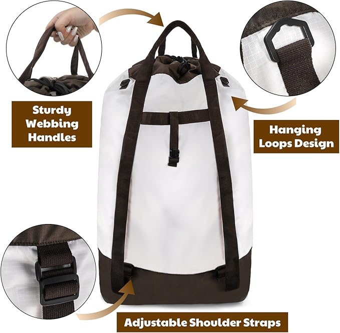 Backpack Laundry Bag, 125L Extra Large Travel Laundry Backpack, Waterproof Oxford Fabric Hamper Bag with Shoulder Straps, Extendable Dirty Clothes Bags for College Laundromat Apartment, Khaki