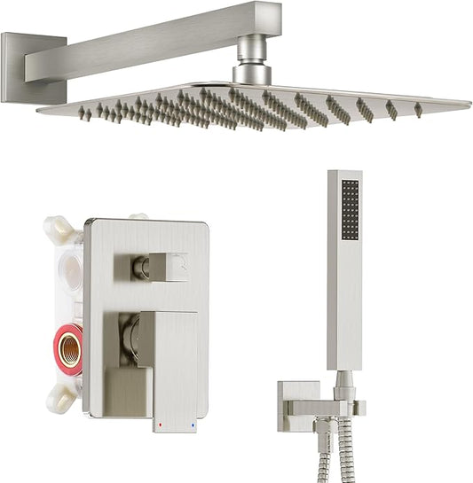 Alesco Shower System, Brushed Nickel Shower Faucet Set with 10-Inch High-Pressure Rainfall Showerheads and Handheld Spray combo, Showerfixture Include Valve and Trim Kit, Brushed Nickel