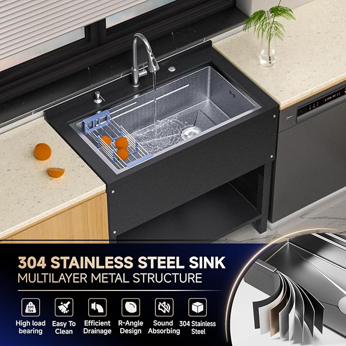 36" Stainless Steel Utility Sink, Freestanding Kitchen Sink with Faucet, Hoses and Drain Basket, Commercial Sinks for Garage, Kitchen, Bathroom, Laundry Room