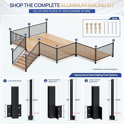 1 Pack 2.56 in. x 2.56 in. x 46 in. Aluminum Side Mount Railing Post for 36" Stair or Level Railing Kit, Black Textured Powder-Coat Finish Fascia Mount Post Level Side Post