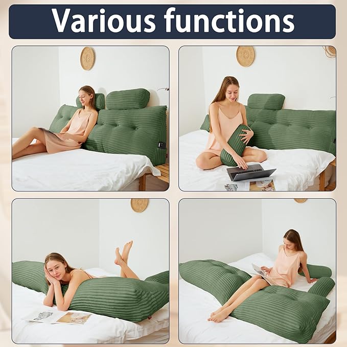 Headboard Wedge Pillow with 2 Pack Neck Roll Pillow Large Headboard Pillow Soft and Supportive with Removable Cover (sage Green, Queen:59x8x20 Inches)