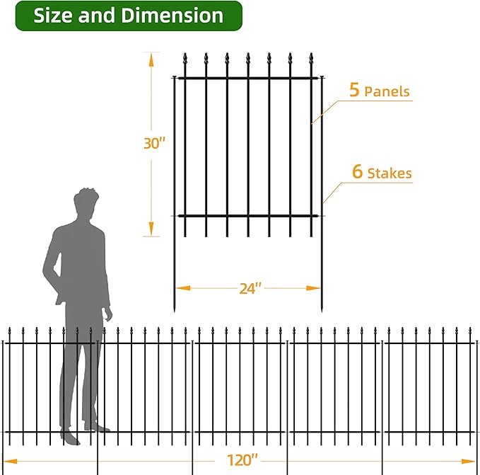 Metal Garden Fence 30 in H x 10 ft L,Border Fence Panels Animal Barrier for Dogs, No Dig Garden Fencing for Yard Patio Flower Bed Lawn Outdoor,5 Panels + 6 Stakes Black