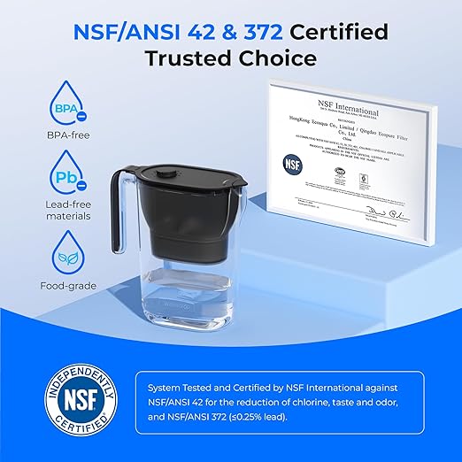 Waterdrop 200-Gallon Long-Life Water Filter Pitcher, NSF Certified Water Purifier, Replaces 6,400 Plastic Water Bottles a Year, Reduces Chlorine, PFOA/PFOS, 7-Cup, Black