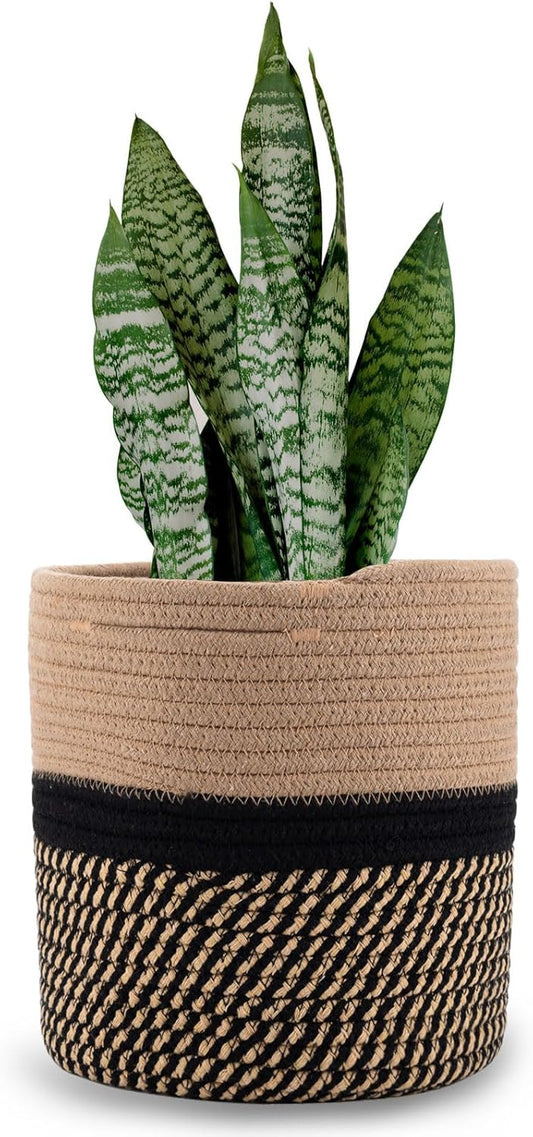Woven Cotton Rope Plant Basket for 11" Flower Pot Floor Indoor Planters,Storage Organizer Basket Rustic Home Decor (11" x 11",Black and Brown Stripes)