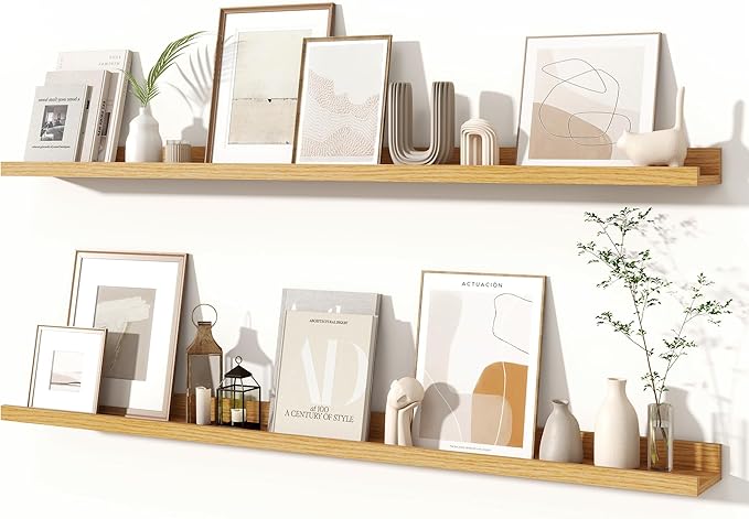 Fun Memories Picture Ledge Shelves Set of 2, 48 Inch Rustic Wall Mounted Floating Shelves with Lip for Home Storage and Décor in Bathroom, Kitchen, Nursery, Bedroom, Living Room, Oak