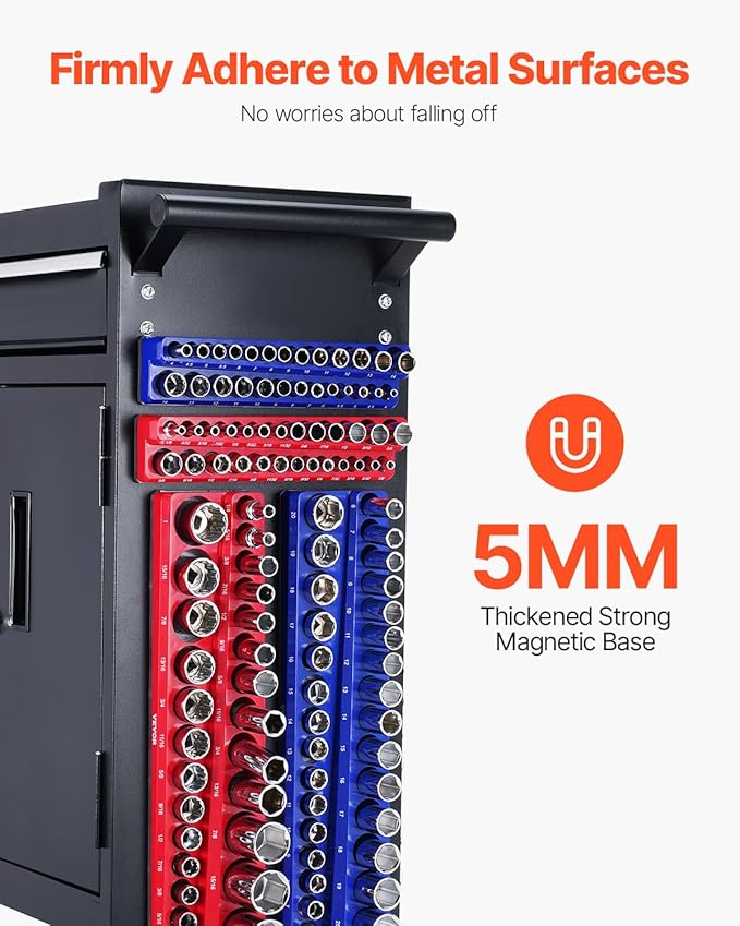 VEVOR Magnetic Socket Organizer Set, 4PCS Magnetic Socket Holder, 1/4'' & 3/8'' Metric SAE Socket Trays with Clear Labels, Hold up to 108PCS Standard & Deep Sockets, Blue & Red (Sockets Not Included)