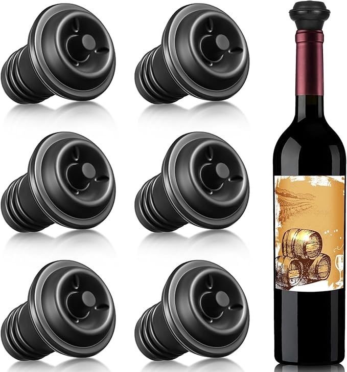 Honoson Wine Stopper Resealable Wine Pump Vacuum Stoppers Vacuum Wine Stopper Silicone Wine Saver Stoppers Practical Wine Saver Stoppers for Kitchen Supplies Wine Bottle Tools (Black,6 Pieces)