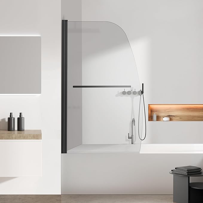 Frameless Hinged Bathtub Shower Door - 34"x58", Clear Tempered Glass 8mm Thick, Matte Black with Stainless Steel