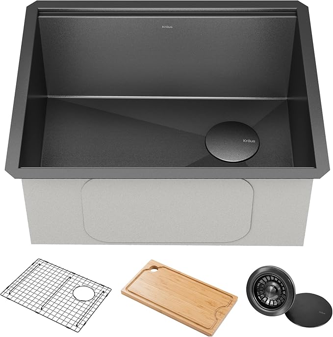 KRAUS Kore 23 Inch Drop-In Undermount Workstation 16 Gauge Stainless Steel Single Bowl Kitchen Sink n PVD Gunmetal Finish with Accessories, KWU1111-23-PGM