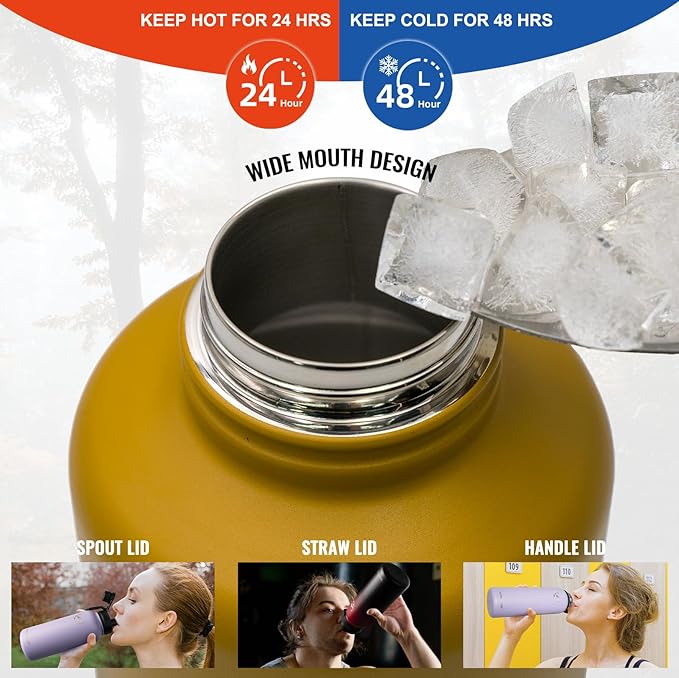 NATURE PIONEOR Tactical Water Bottle with Carrying Molle Sleeve, Stainless Steel 18/8 Food Grade Half Gallon Jug