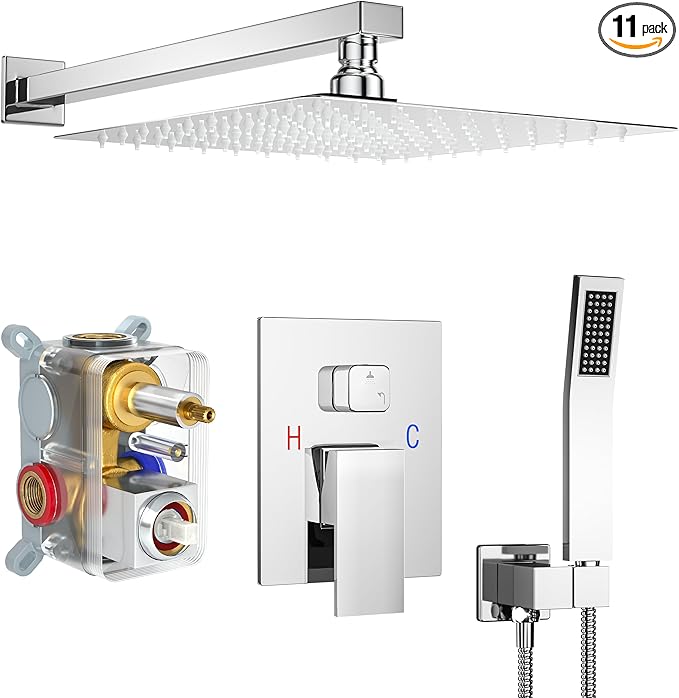 Shower Faucet Set, Shower System with 12 Inch Rain Showerhead and Handheld Shower, Wall Mounted High-Pressure Showerhead Combo Set Included Valve and Trim, Polished Chrome