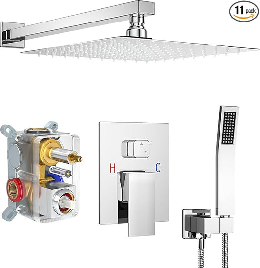 Shower Faucet Set, Shower System with 12 Inch Rain Showerhead and Handheld Shower, Wall Mounted High-Pressure Showerhead Combo Set Included Valve and Trim, Polished Chrome