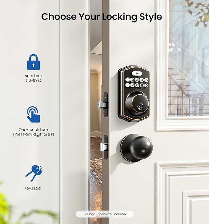 Veise Keyless Entry Door Lock with 2 Knobs, Electronic Backlit Keypad Deadbolt with Handle Set, Auto Lock, One-time Codes, Smart Deadbolt for Front Door, Easy Installation, Oil-Rubbed Bronze