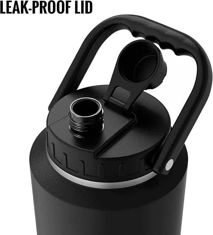 SkyWell 128 Oz Insulated Water Bottle Sleeve and Cup Kit Wide Mouth Water Flask Sweat-Proof and Leak-Proof 1 Gallon Stainless Steel Water Jug for Outdoors, Black Kit