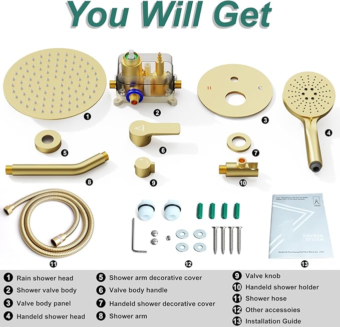 Shower Faucet Set Brass 12IN Rough-In Valve Body Trim Kit Rainfall Included Handle Accessories Complete 2 Functions with Rain Head and Handheld Bathroom Systems (12'', Brushed Gold)