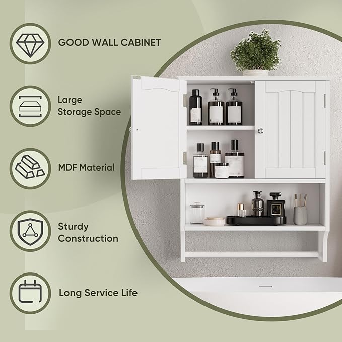 Smuxee White Bathroom Cabinet Wall Mounted with Towels Bar, Bathroom Medicine Cabinet with 2 Door Adjustable Shelves, Over Toilet Cabinet for Bathroom Laundry Room Kitchen