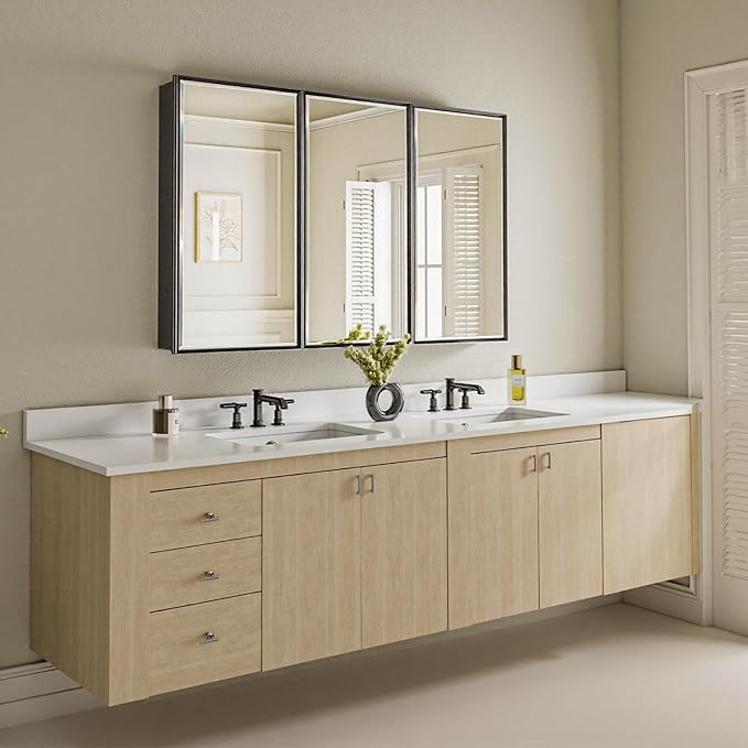 48x30 Inch Black Medicine Cabinet Mirror, Surface or Recessed Large Framed Medicine Cabinet with 3 Beveled Mirror Door & Adjustable Shelves,Shatterproof, Full-Assembled Storage Wall Cabinet