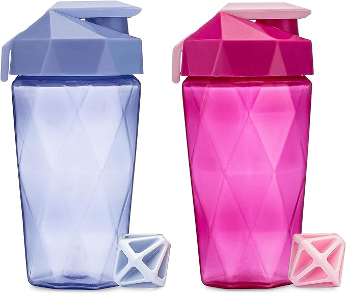 Classic 20oz Blender Shaker Bottle | Protein Shaker Bottle with Diamond Agitator | Shaker Cup with Carrying Handle and Dishwasher Safe | 2-Pack - Light Blue & Raspberry
