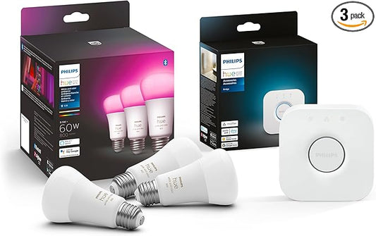 Philips Hue Smart Lighting Bundle: 3-Pack A19 LED Smart Light Bulbs (White and Color Ambiance) with Philips Hue Bridge - Control with Hue App, Compatible with Alexa, Google Assistant, Apple Homekit