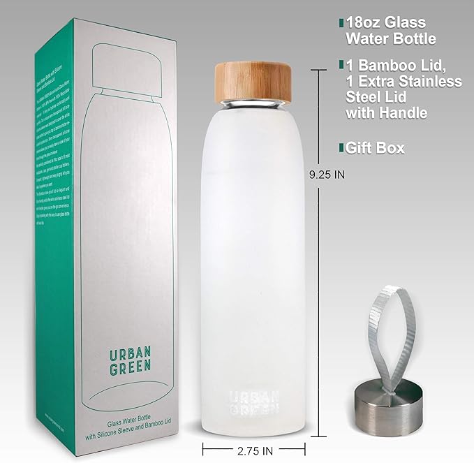 Urban Green Glass Water Bottle with Protective Silicone Sleeve and Bamboo Lid, 18oz, 1extra 304 Stainless Steel Lid with Handle, BPA Free, Dishwasher Safe, Gift Box