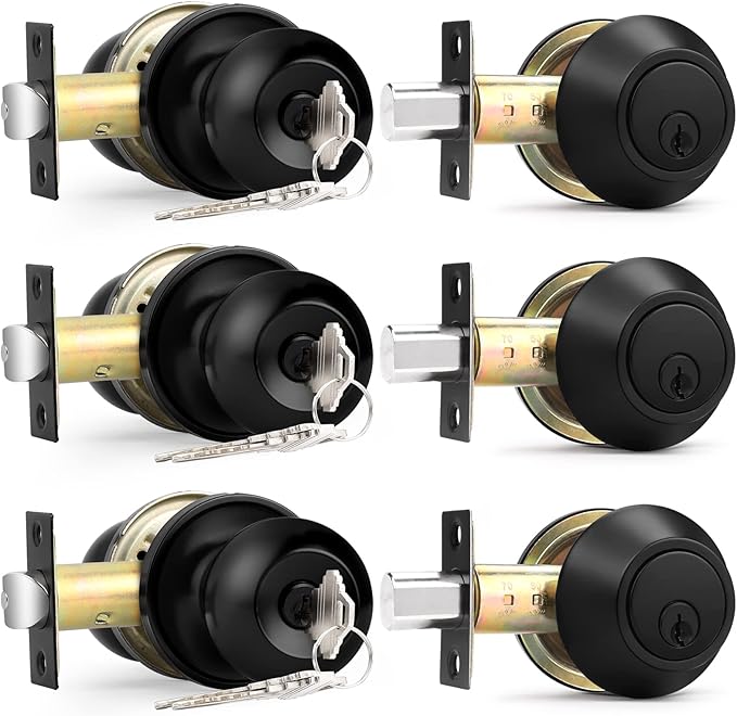Probrico Keyed Alike Entry Door Knobs Lock Set and Single Cylinder Deadbolt Combination Set, Flat Black Exterior Front Door Locks,3 Pack