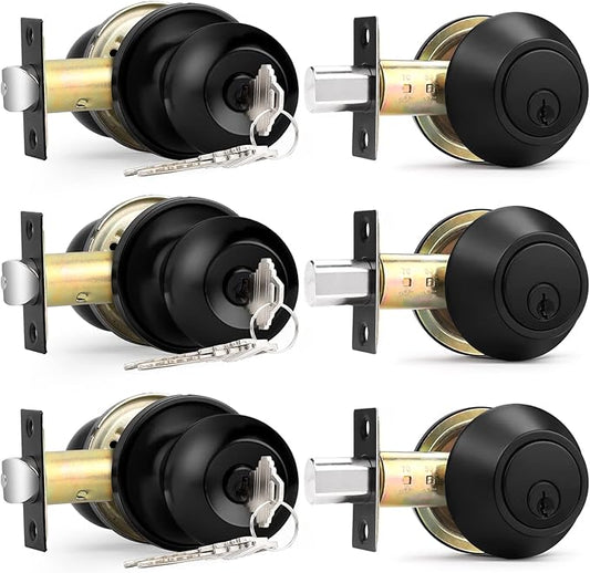 Probrico Keyed Alike Entry Door Knobs Lock Set and Single Cylinder Deadbolt Combination Set, Flat Black Exterior Front Door Locks,3 Pack