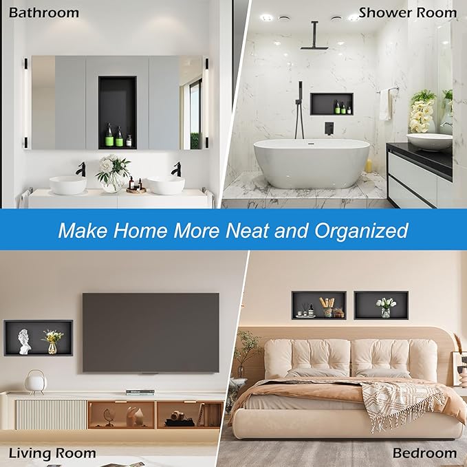 24x12 Matte Black Stainless Steel Modern Shower Niche Shelf, 1 Shelf, Wall-Mounted, Waterproof, No Tile Needed, Easy Installation, Bathroom Storage