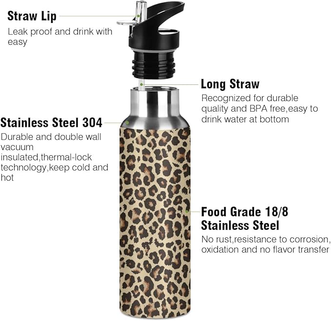 Leopard Water Bottle with Straw Lid for Fitness Gym Camping Outdoor Sports, Wide Mouth Vacuum Insulated 18/8 Stainless Steel, 22 oz