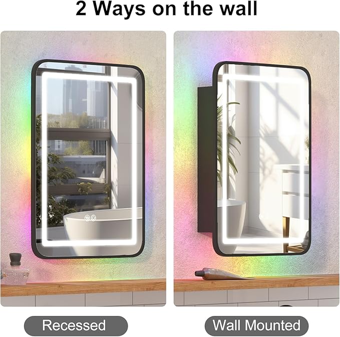Metal Recessed Medicine Cabinets for Bathroom Medicine Cabinet with Mirror,RGB LED Medicine Cabinet with Lights,Lighted Medicine Cabinets Wall Mounted,Bathroom Mirror with Storage 16 x 24