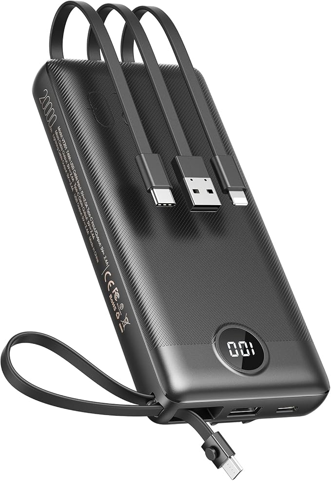 VEEKTOMX Power Bank with Built in Cables 20000mAh, Portable Charger for iPhone, USB C LED Display External Battery iPhone Charger Compatible with iPhone, iPad, Samsung and Android Devices for Travel