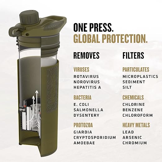 GRAYL GeoPress 24 oz Water Purifier Bottle - Filter for Hiking, Camping, Survival, Travel (Olive Drab)