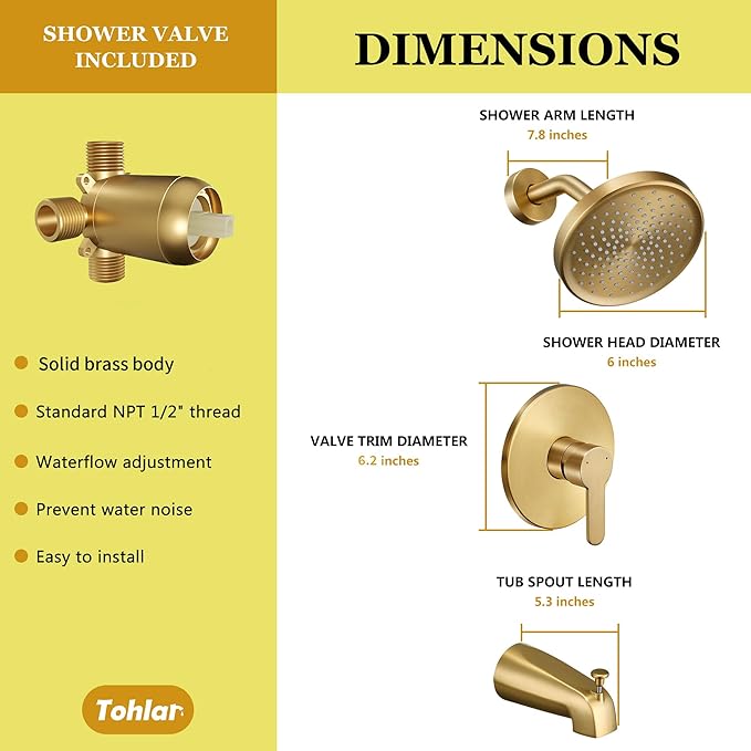 Tohlar Gold Shower Faucet Set with Tub Spout, Bathtub and Shower Faucet Combo Kit, 6-Inch Rain Shower Head and Faucet Set with Valve, Brushed Gold