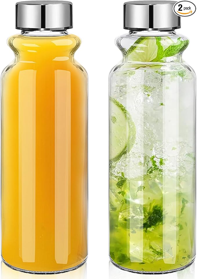 GoldArea Glass Water Bottles - 2 Packs 18oz Glass Bottles with Lids - Ideal for Juice, Juice Cleanses, and Reusable Juicing Bottles，Wide Mouth Liquid Storage Containers for Refrigerator