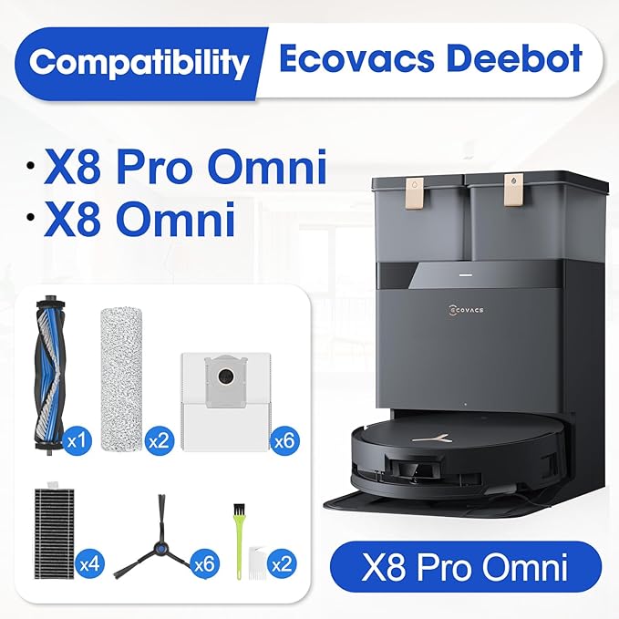 X8 Pro Omni Accessories for ECOVACS DEEBOT X8 PRO OMNI / X8 OMNI Replacement Parts Accessory Kit 2 Anti Tangle Main Brush 2 Roller Mop 6 Dust Bags 6 Side brush 4 Filter 1 Cleaning Brush