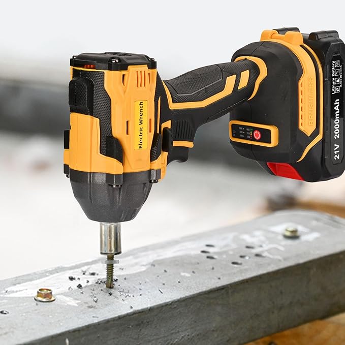 300N Cordless Impact Wrench, 21V Torque Power Driver, 1/2" Brushless Gun With 2*2.0Ah Batteries, 19 Accessories, Electric Motor Variable Speeds for Home Installation (Yellow)