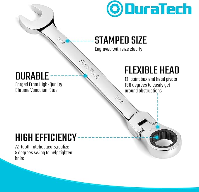 DURATECH 9-Piece Flex-Head Ratcheting Wrench Set, Combination Wrench Sets, 72 Tooth, SAE, 5/16'' to 3/4'', CR-V Steel, Mirror Polished Chrome Plated with Rolling Pouch