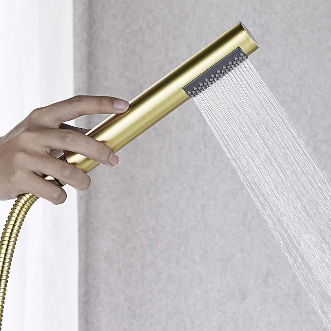 Freestanding Tub Filler Bathtub Faucet Brushed Gold Floor Mounted Brass Faucets with Handheld Shower