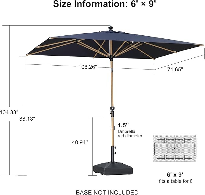 PURPLE LEAF 6' x 9' Market Umbrella Outdoor Table Umbrella Aluminum Patio Umbrella with Push Button Tilt & 8 Sturdy Ribs and Crank Rectangular Sun Umbrella for Pool Backyard Beach, Navy Blue