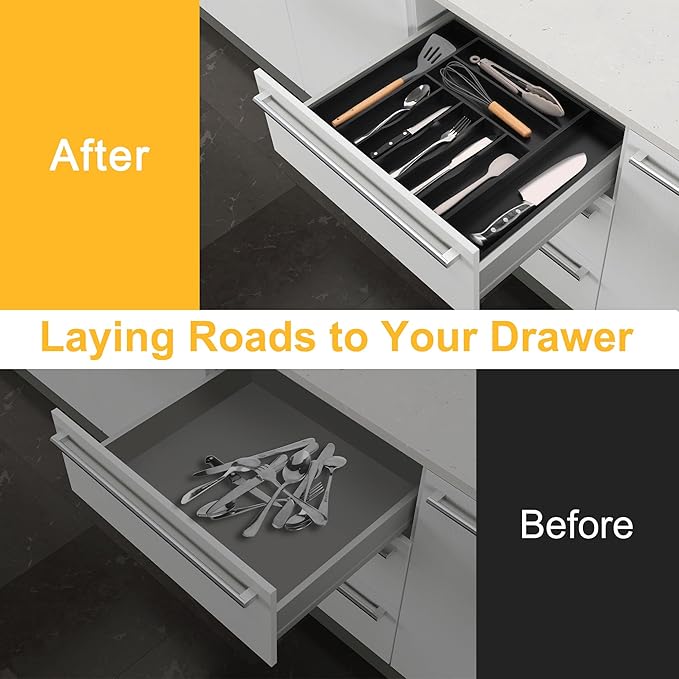 Large Premium Bamboo Silverware Organizer - Expandable Drawer Organizer & Utensil Organizer - 17"x19.7" Cutlery Tray with Dividers for Kitchen Utensils and Flatware (7-9 Slots) (Black)