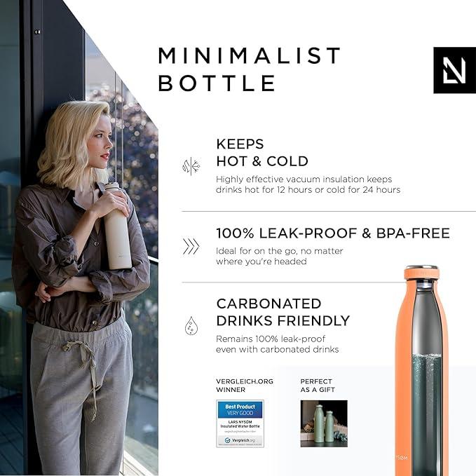 LARS NYSØM Stainless Steel Insulated Water Bottle 12oz 17oz 25oz 34oz 51oz | BPA-free Insulated Thermo Flask for Hot and Cold Beverages | Leakproof Drinking Bottle (Pumpkin Orange, 25oz)