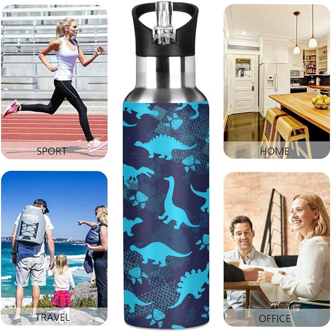 Blueangle Cute Dinosaurs Stainless Steel Water Bottle with Straw, BPA Free Reusable Leakproof Water Jug for Fitness Camping Outdoor Sports