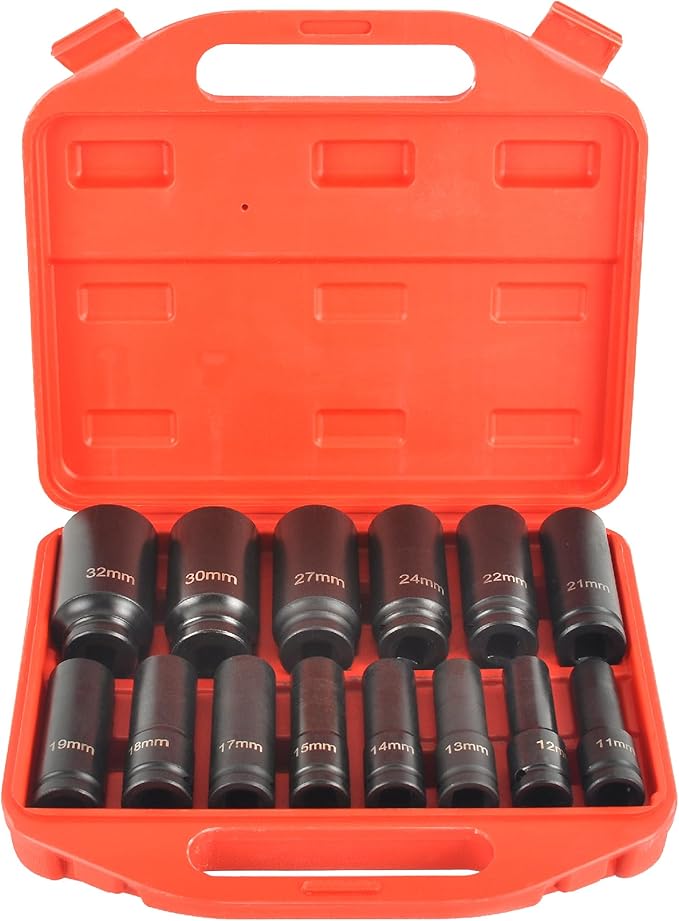 1/2" Drive 6 Point Deep Impact Socket Set 14 Pieces impact sockets set Metric Standard Impact Socket Set,CR-V,11mm to 32mm