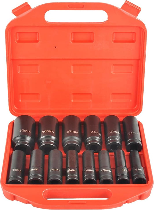 1/2" Drive 6 Point Deep Impact Socket Set 14 Pieces impact sockets set Metric Standard Impact Socket Set,CR-V,11mm to 32mm