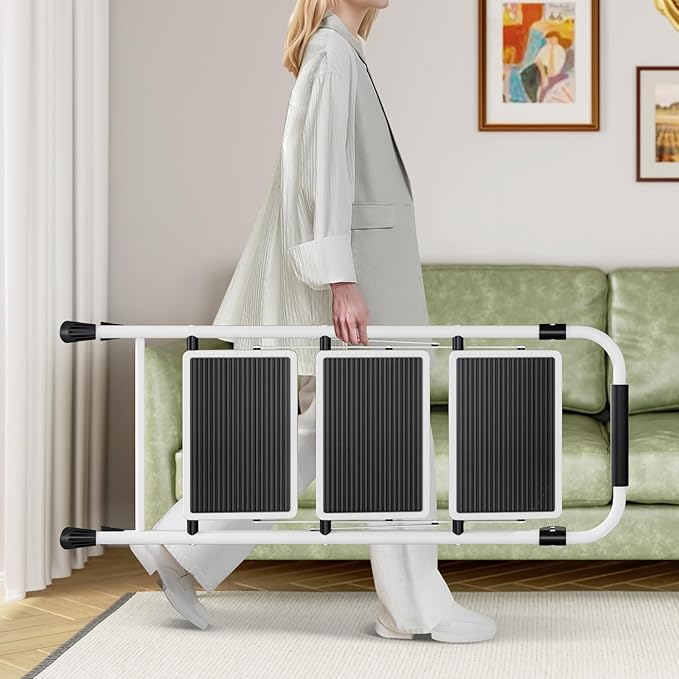 KINGRACK Step Ladder 3 Step Folding with with Anti-Slip and Wide Pedal,Portable Foldable,Tall Sturdy Step Ladder with Handgrip for Home Kitchen Household,White