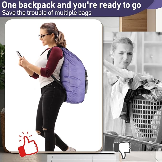 Laundry Bag Backpack Large Travel Laundry Bag with Adjustable Shoulder Straps Portable Laundry Hamper for College, Dorm, Apartment Camp (Purple)