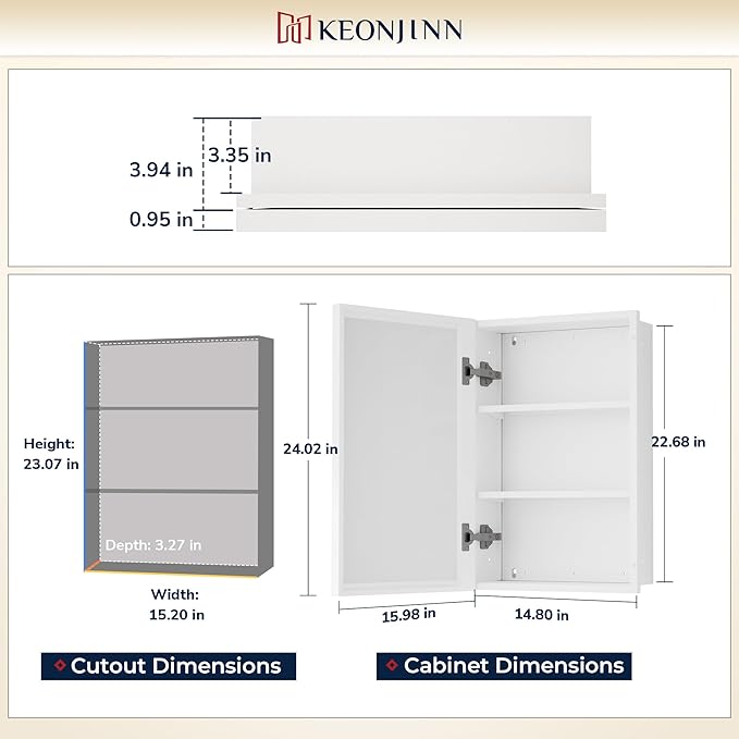 Keonjinn 17" x 25" White Medicine Cabinet with Mirror, Recessed or Surface Wall-Mounted Aluminum Alloy Framed Beveled Mirror, Single Door Farmhouse Bathroom Cabinet with Storage